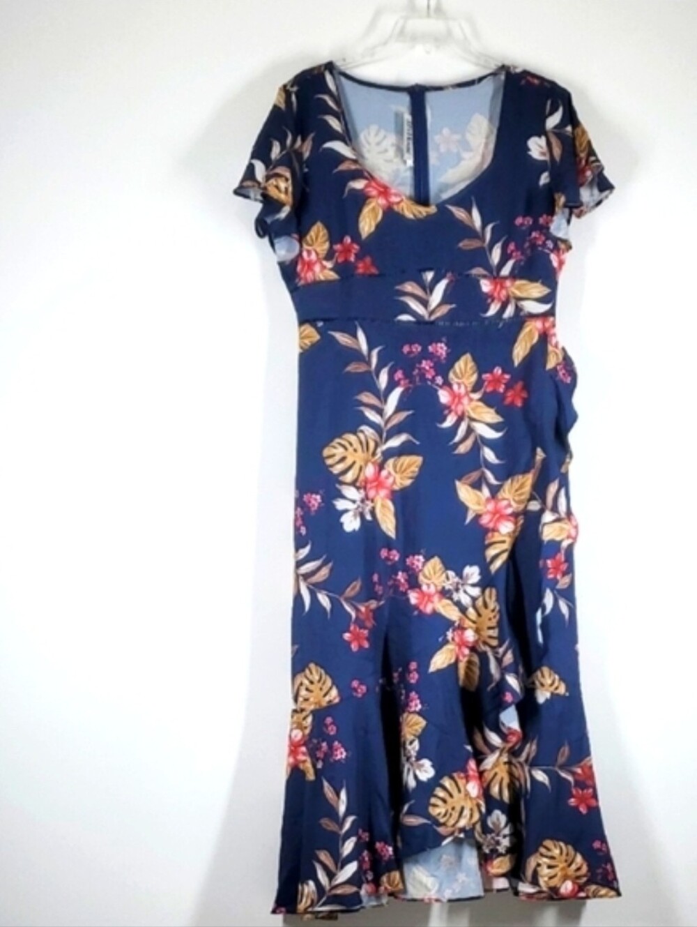 JJs House Navy Floral Midi Dress 12 NWT Ruffle Wrap Tropical Wedding Guest - Picture 2 of 12